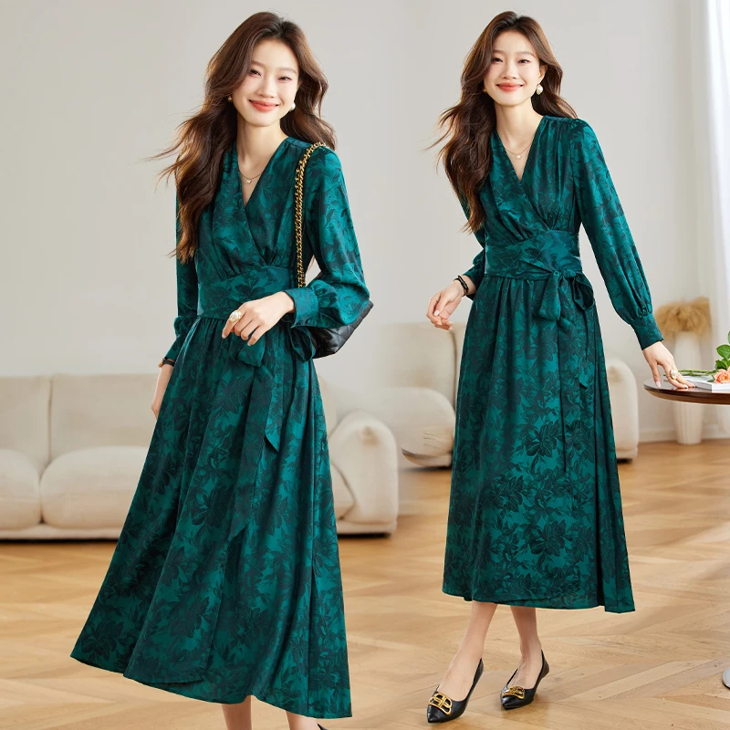长袖时尚优雅连衣裙女2025年秋季新款复古系带收腰印花中长款裙子