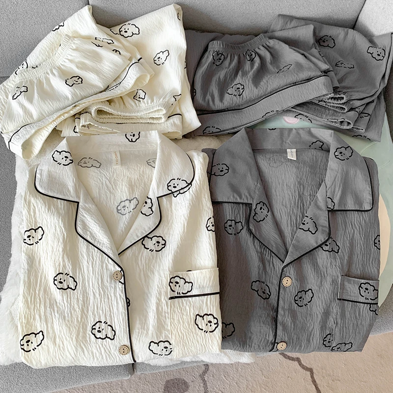 情侣睡衣女三件套小狗短袖夏季开衫宽松大码情侣学生家居服套装男