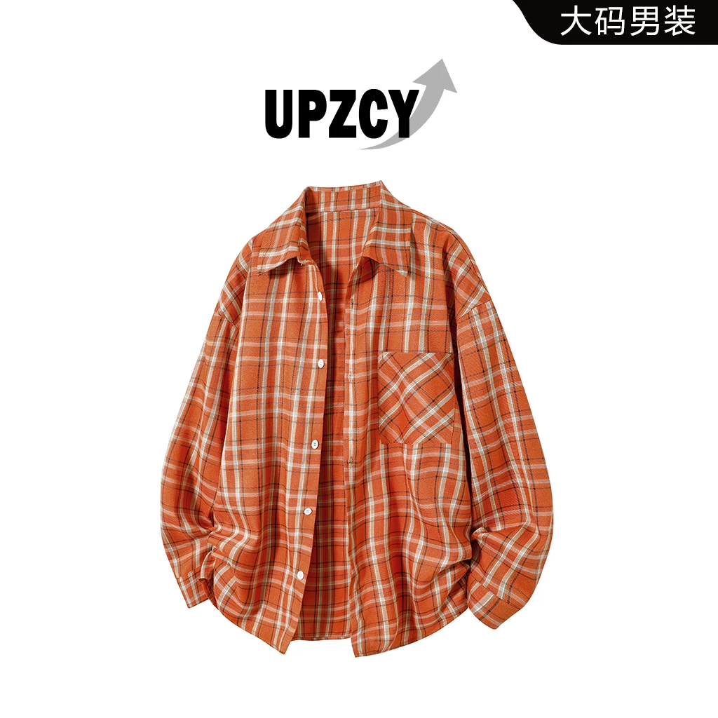 UPZCY男士格子长袖衬衫春秋美式大码宽松休闲百搭衬衣高级感男装