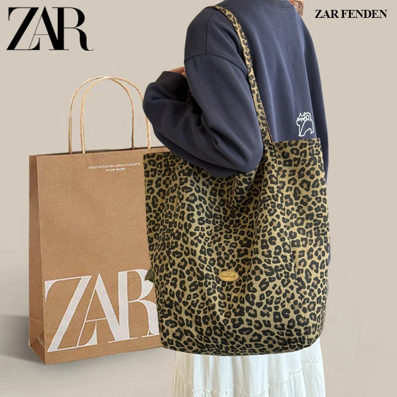 ZAR FENDEN韩系秋冬复古豹纹双面帆布包大容量通勤托特包单肩包