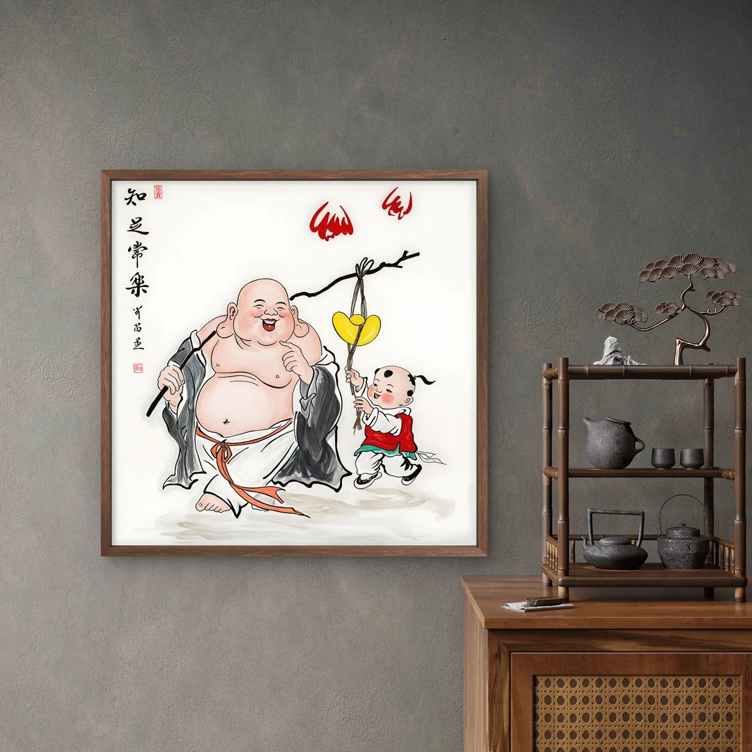 9873-50*50弥勒中式装饰画木框玄关书房茶室客厅挂画