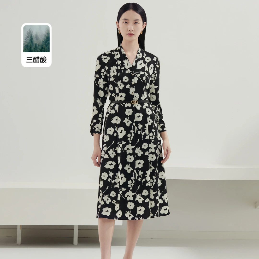 【众心专享价】娜尔思春季质感通勤V领碎花裙连衣裙女LF05909W0