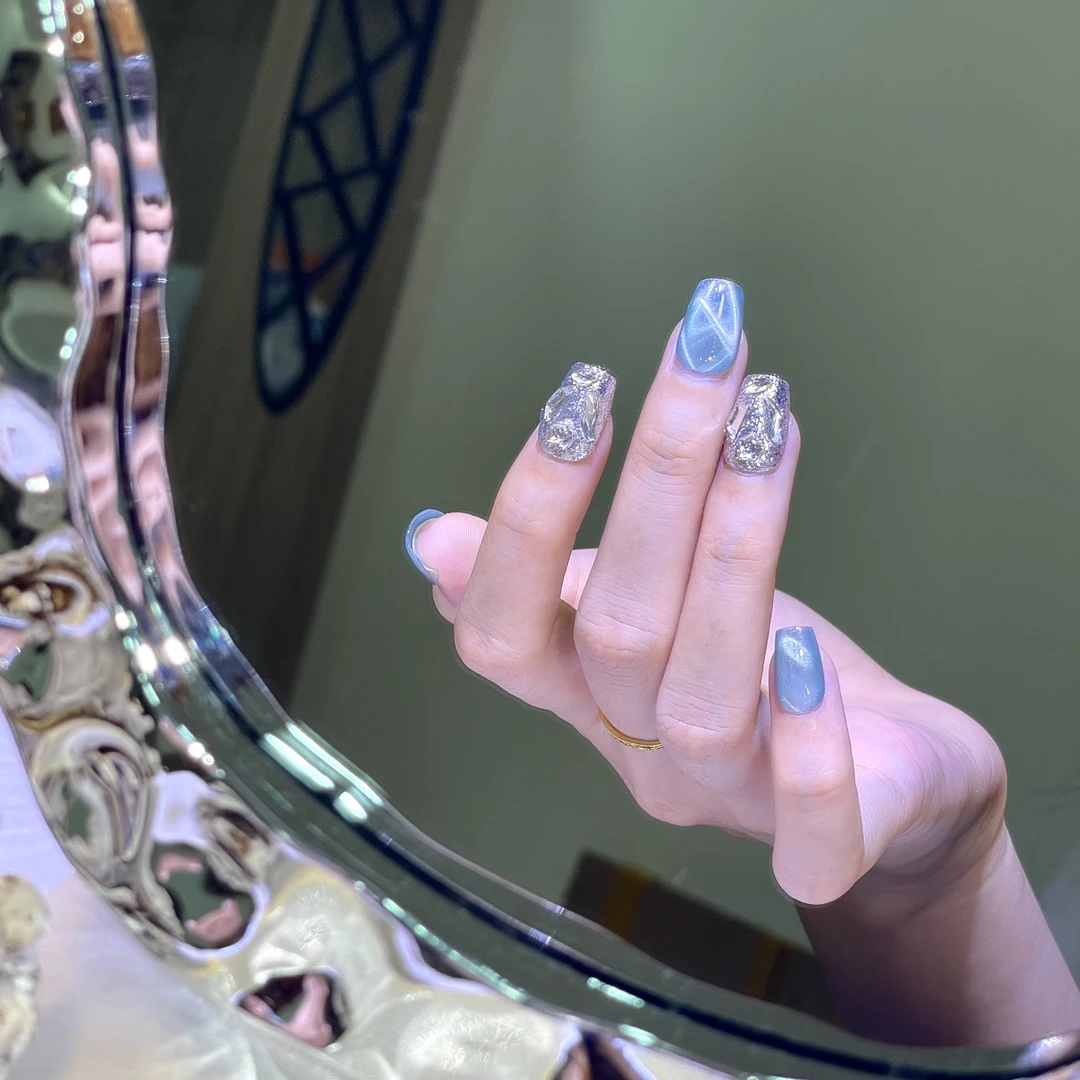 【冰蓝水波】纯欲风水波清透感玻璃珠猫眼纯手工穿戴甲