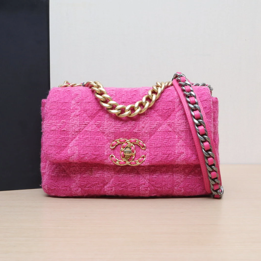 99新 Chanel/香奈儿 【娇】19BAG 口盖包 毛呢28开金银 907050