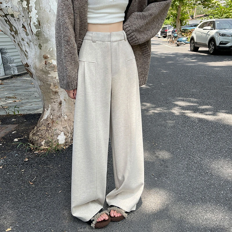 2025新款春秋醋酸羊毛西装裤女人字纹弯刀毛呢阔腿裤宽松bf慵懒风