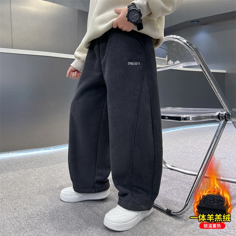 男童加绒裤子儿童休闲裤加厚宽松秋冬男孩羊羔绒保暖长裤冬款大童