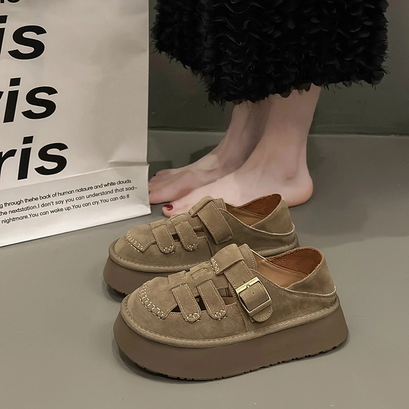 包头勃肯凉鞋女外穿2024年新款夏季百搭编织一字带厚底俩穿罗马鞋