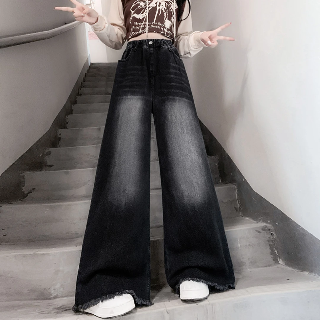 大码显瘦毛边牛仔阔腿裤女2025新款秋冬热卖宽松紧高腰显瘦直筒裤