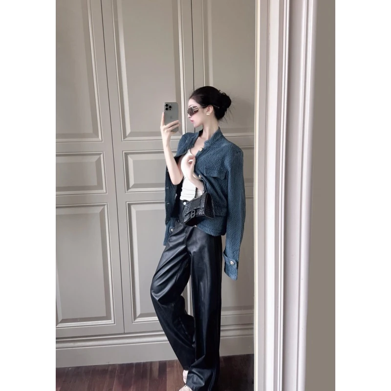 韩系chic复古蓝色小香风外套2026独特漂亮港味高级感PU皮休闲裤女