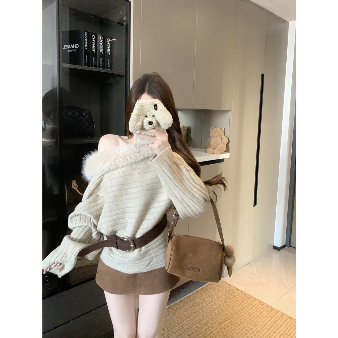 2025冬季新款法式复古时尚气质小香风一字肩蝙蝠袖针织毛衣女chic