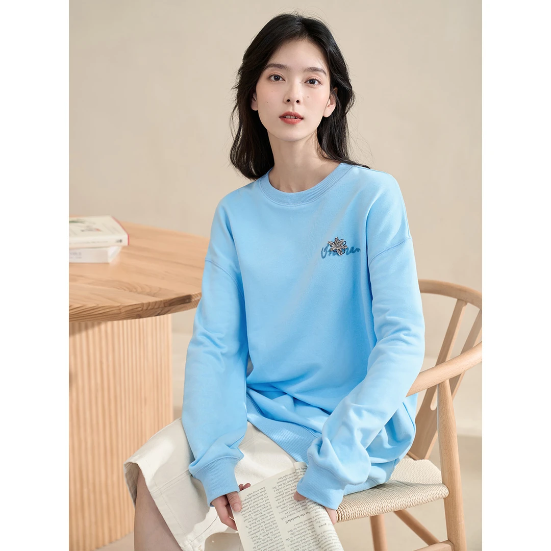 【商场同款】茵曼春秋女卫衣/绒衫女装开衫纯棉圆领女卫衣宽松休闲