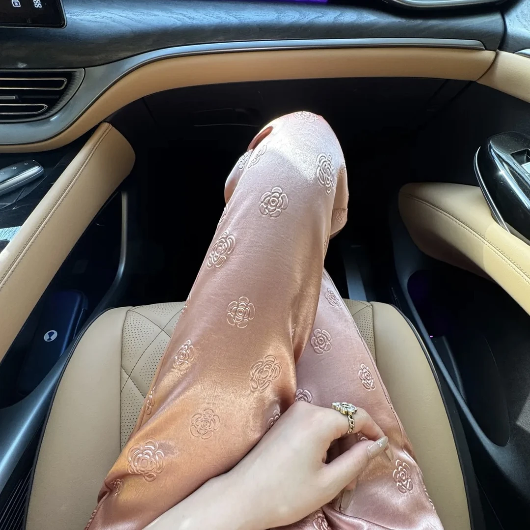 【山茶花裤子】新款中式百搭气质小茶花图案直筒阔腿裤2511