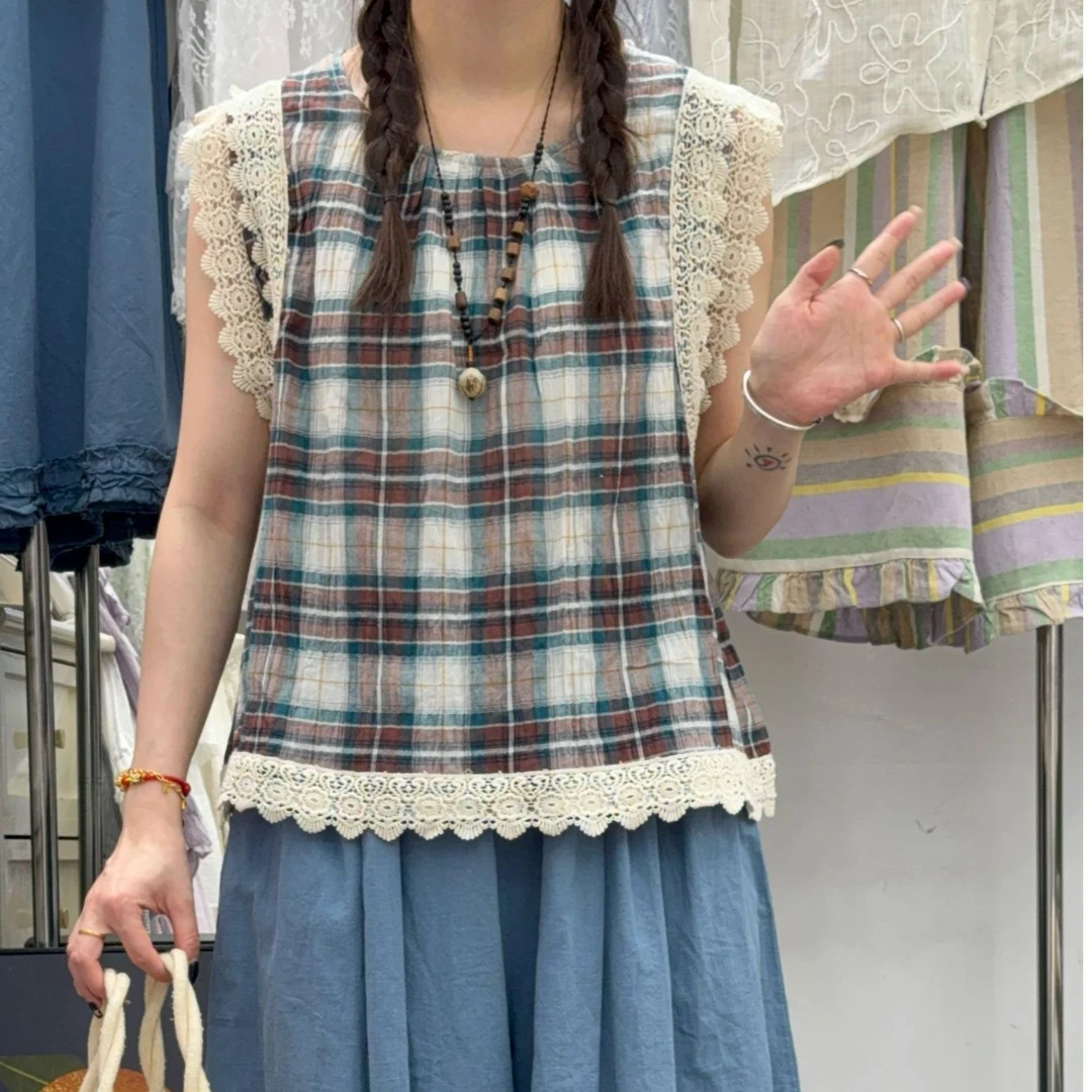 2025夏季新款复古多股色蕾丝花边拼接无袖背心上衣棉麻衬衫2283