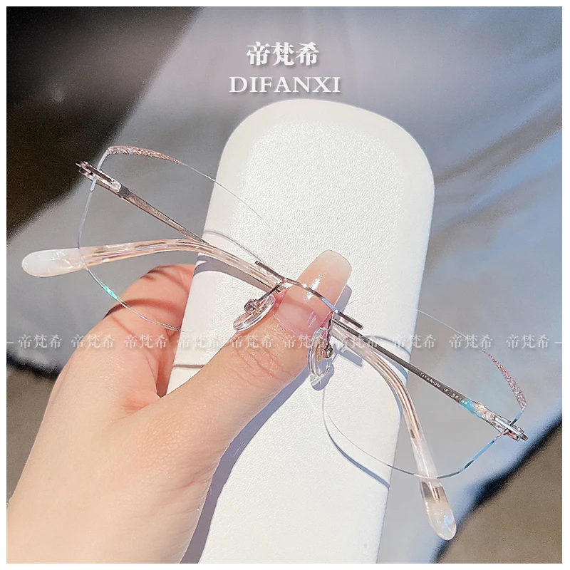 新款超轻纯钛钻石切边防蓝光辐射近视眼镜女无边框成品可配度数