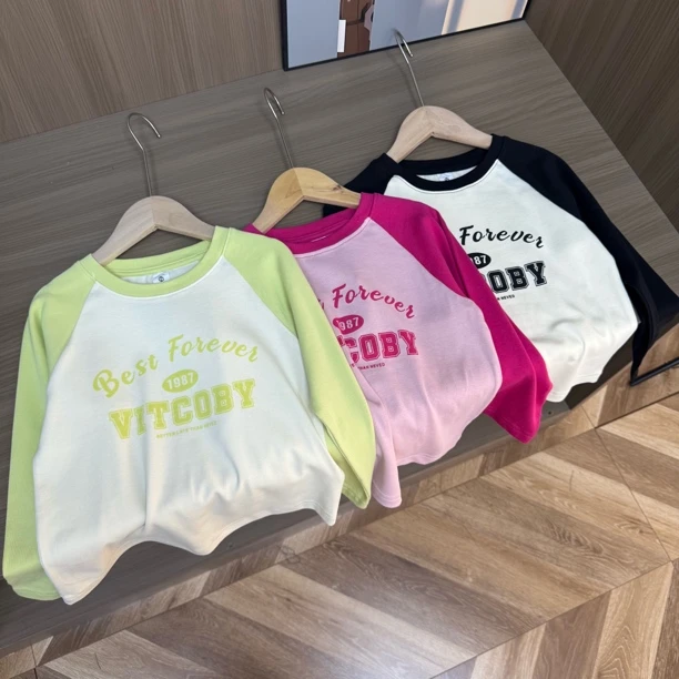 春季拼接糖果色儿童圆领t恤上衣柔软舒适