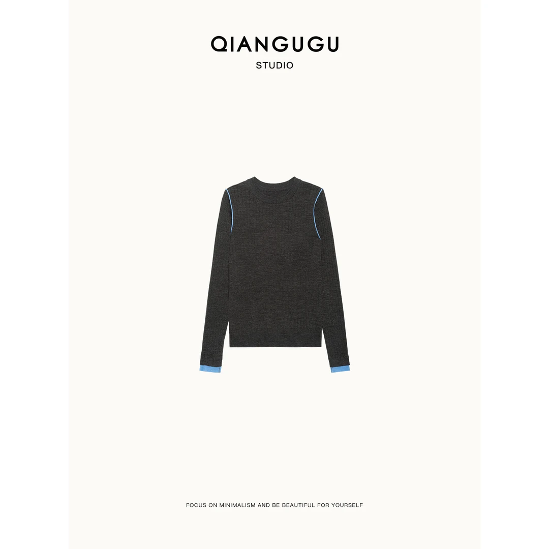 钱谷谷 冬季百搭显瘦撞色坑条圆领羊毛修身针织打底衫 Q24031206