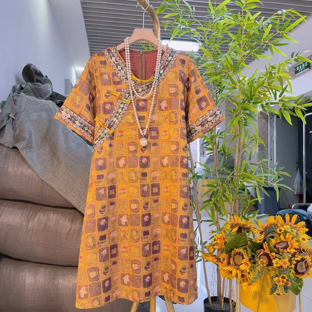 新中式国风缎面提花连衣裙民族风遮肉显瘦改良气质夏季大码1893