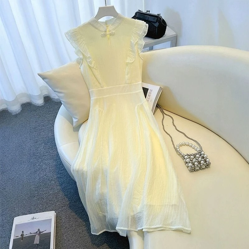 千语栀【浪漫鹅黄】温柔纯色中式气质小个子连衣裙盘扣小飞袖连衣裙