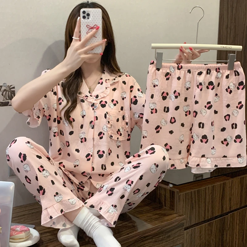 带胸垫三件套云朵棉睡衣女夏季短袖短裤可爱卡通家居服长裤可外穿