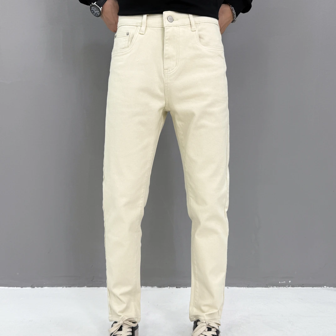 9716#米白色秋冬加厚高弹修身新款小直筒牛仔裤裤子潮流百搭潮男