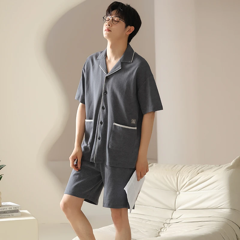 夏季睡衣男士纯棉短袖短裤2025年新款简约时尚青年开衫大码家居服