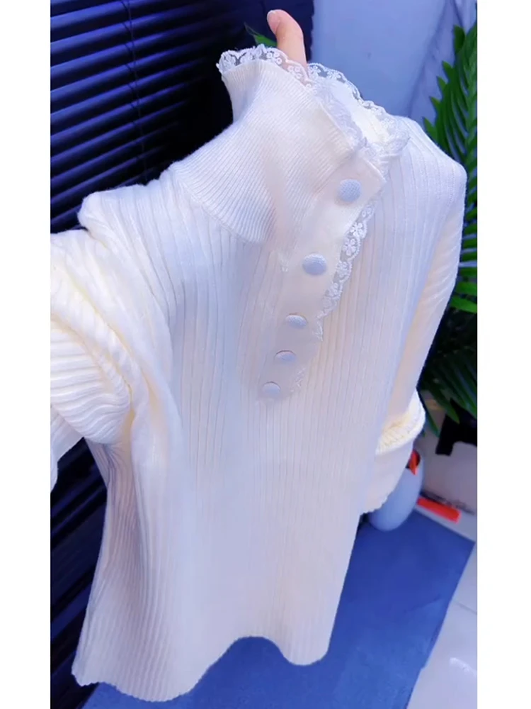 杏色蕾丝花边拼接设计半开领针织衫女2025秋冬气质时尚套头毛衣潮