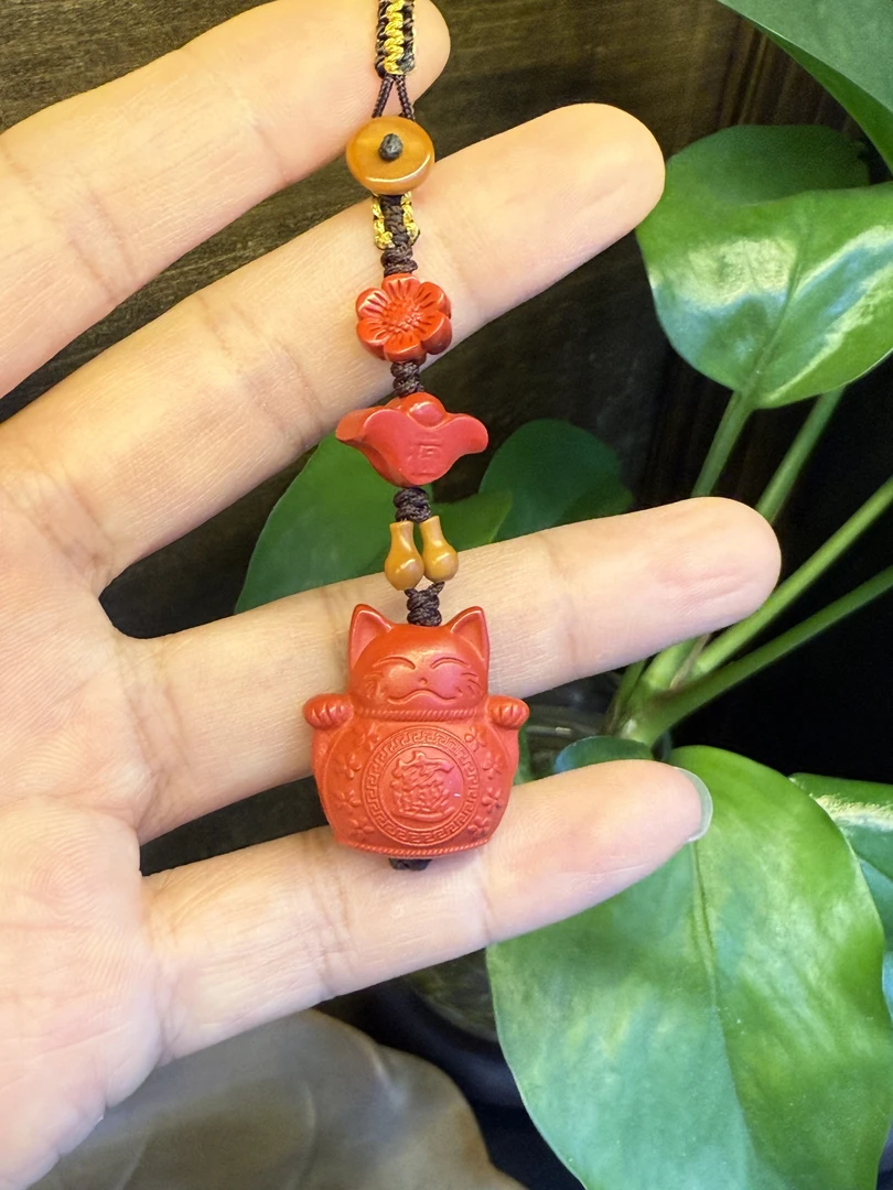 含辰砂工艺品天然朱砂聚财招财猫挂件工艺品手工编织