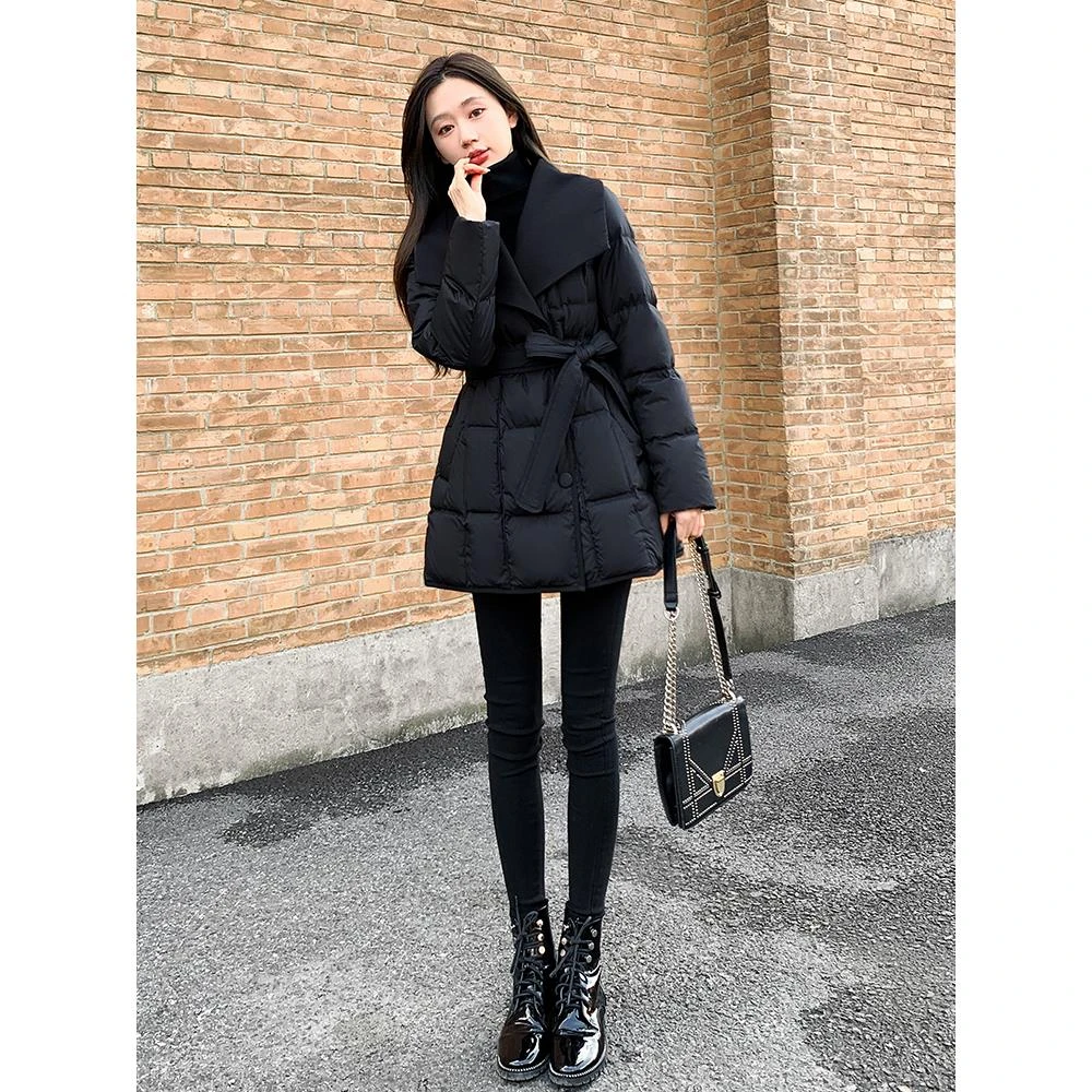 爆款断码2025新款女装冬季修身收腰中长款服女小个子黑色显瘦翻领