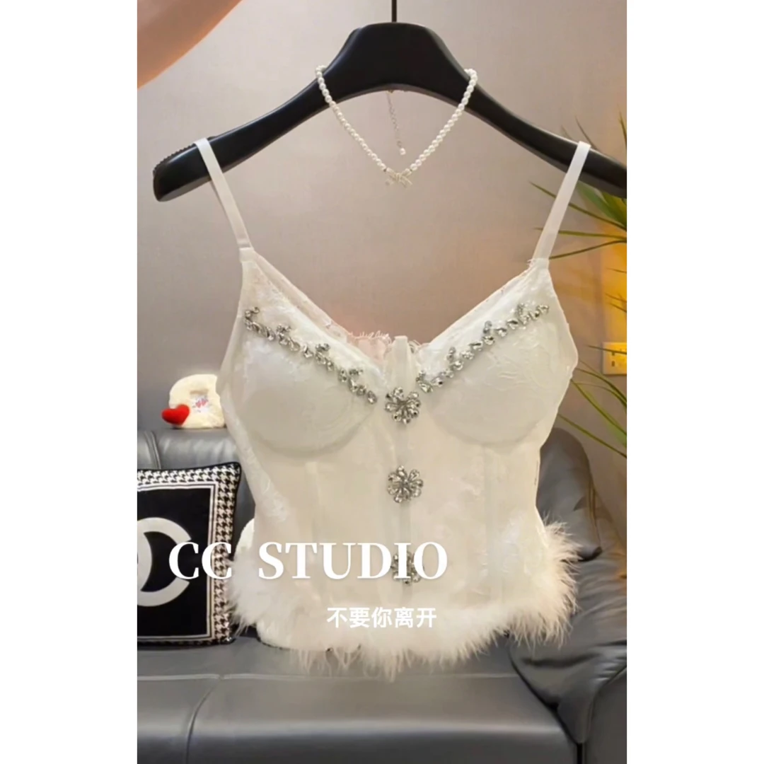 2025秋季新款性感名媛演出钉钻毛毛边蕾丝胸垫吊带背心打底女