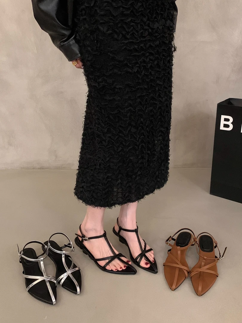 法式复古十字细带罗马凉鞋女外穿2025夏季新款配裙子坡跟尖头凉鞋