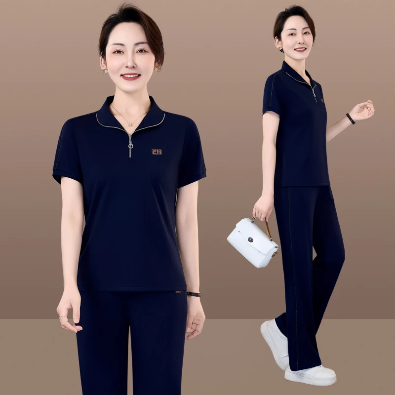 恩狐夏季时尚运动服休闲运动套装显瘦减龄立领短袖T恤两件套