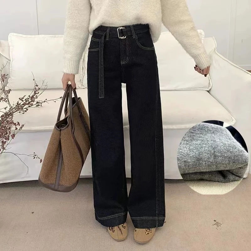 72404-秋冬新欧货加绒窄版阔腿牛仔裤女高腰显瘦百搭保暖直筒裤
