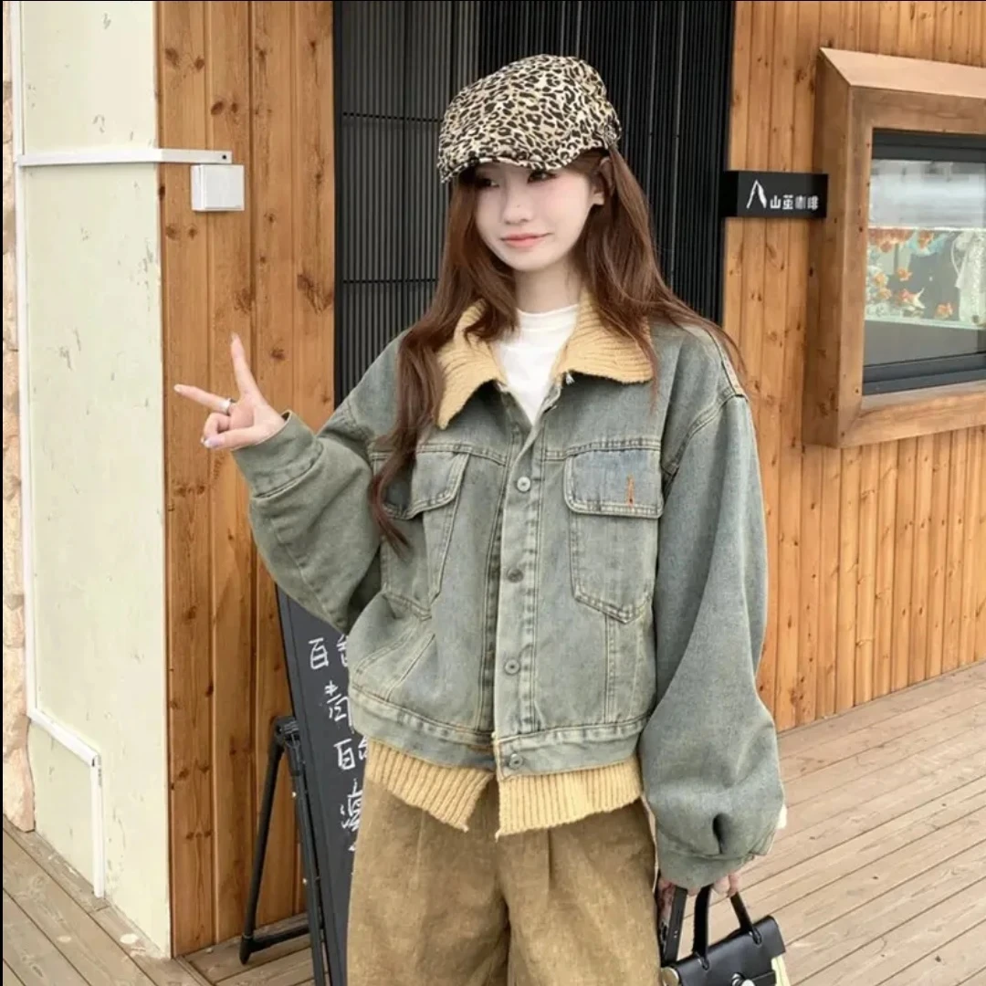 撞色拼接牛仔加绒外套女冬欧货2025新款爆款小个子皮毛一体加厚衣