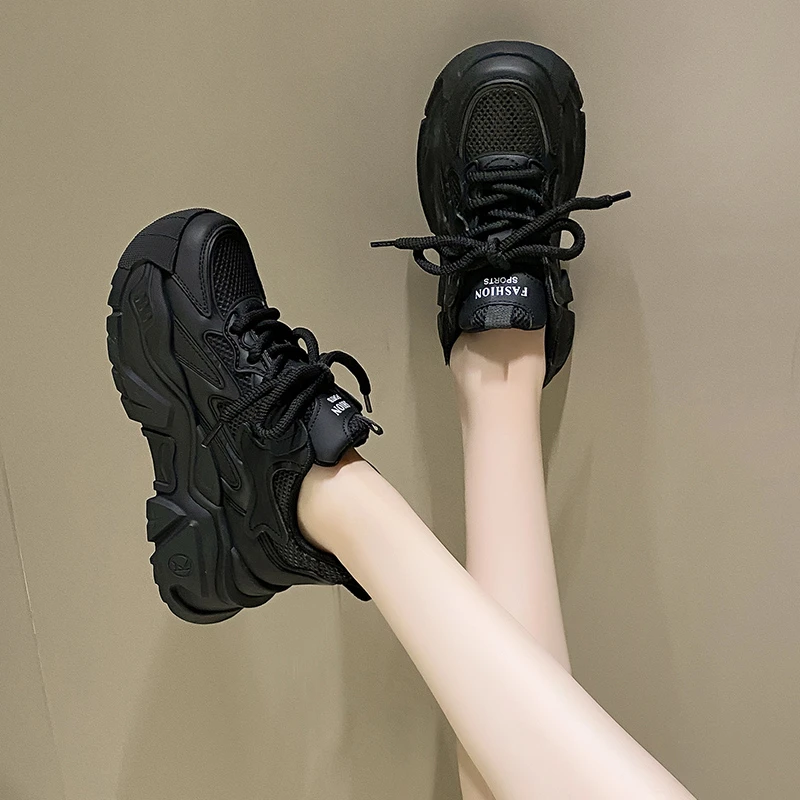 S-网面增高女鞋2025春夏季透气休闲鞋舒适百搭时尚厚底坡跟单鞋女