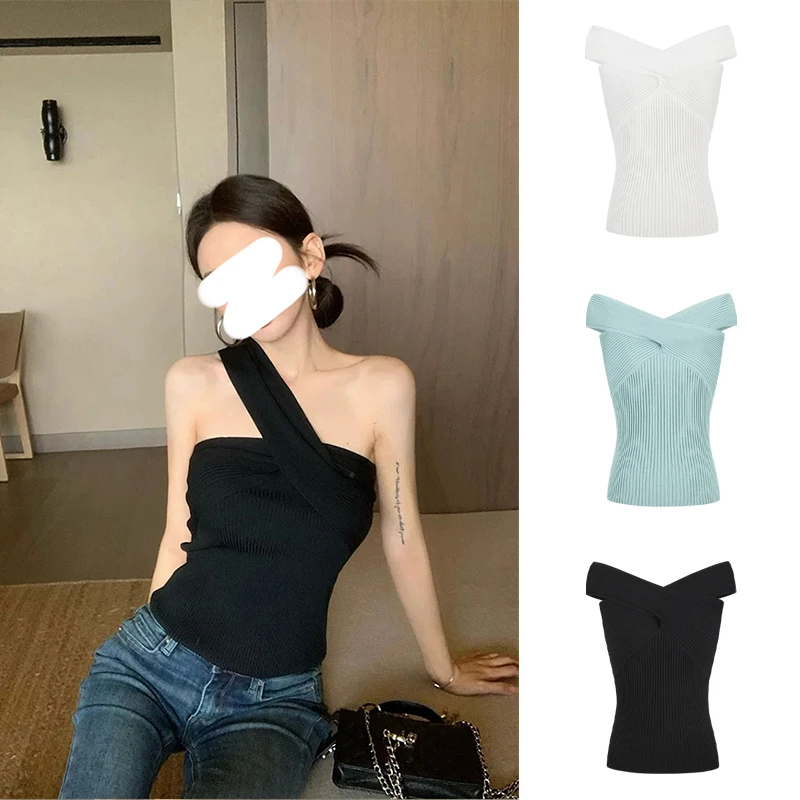 Moses Queen/魔西女王夏季无袖针织背心女扭结显瘦辣妹挂脖上衣