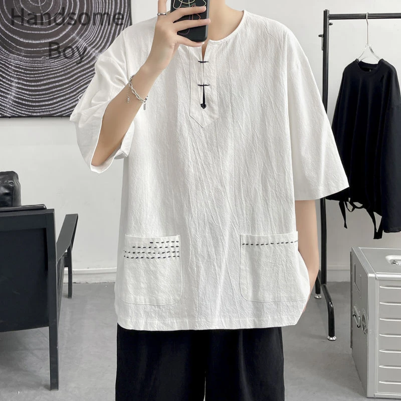 秋季休闲宽松穿搭潮流男士大码上衣半袖七分袖纯色T恤亚麻%麻5