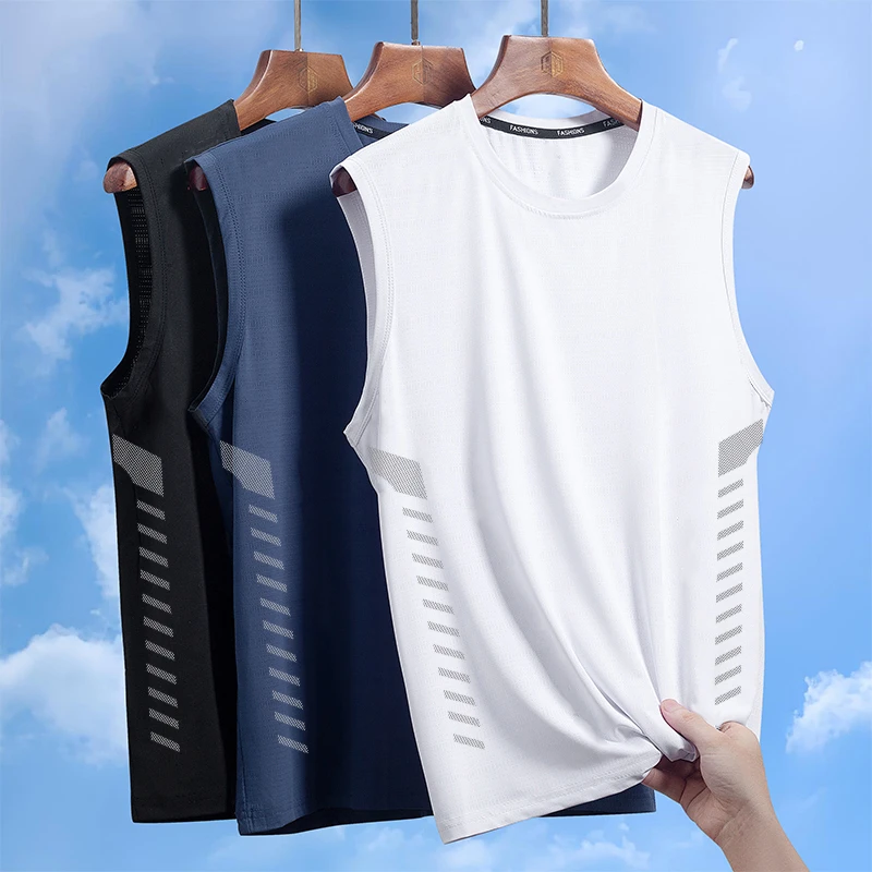 【B06】冰丝背心男潮薄款透气速干运动休闲宽坎肩外穿男士圆领无袖t