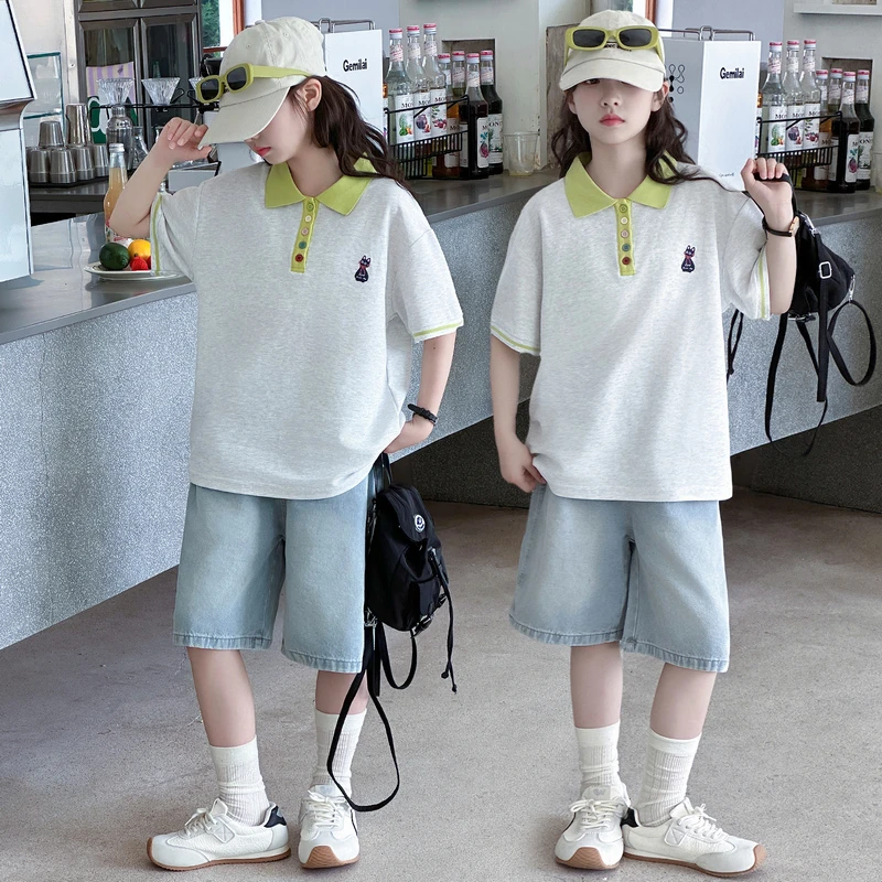 2025新款女童多彩纽扣polo衫牛仔中裤套装中大童时尚简约宽松百搭