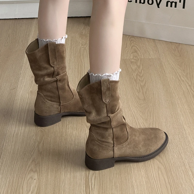 粗跟高跟棕色短靴子女2025新款夏秋堆堆靴西部牛仔川藏中筒马丁靴