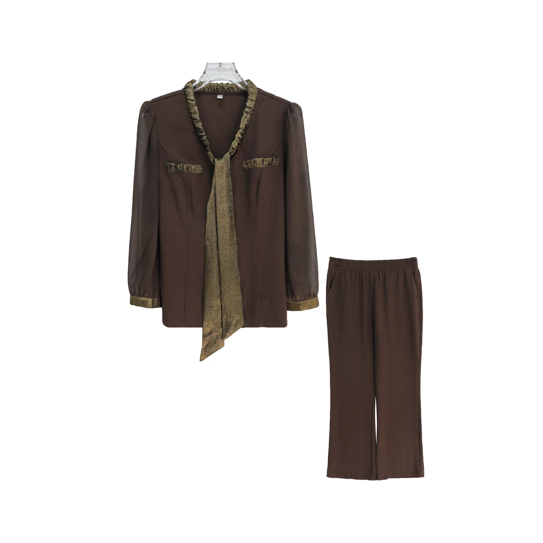 撞色拼接系带宽松显瘦法式上衣宽松休闲裤套装S2715