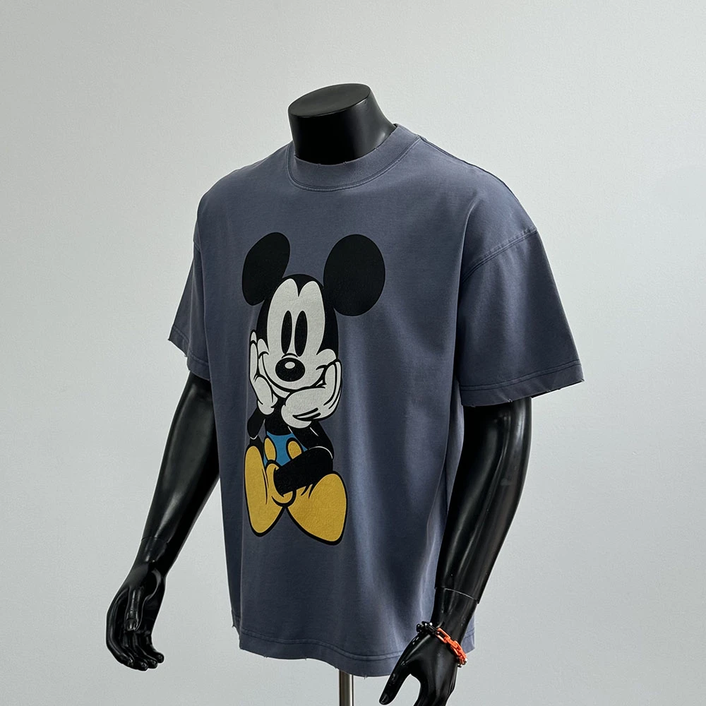 2025年夏季新款美式潮牌纯棉圆领卡通印花短袖休闲深蓝T恤男T1652