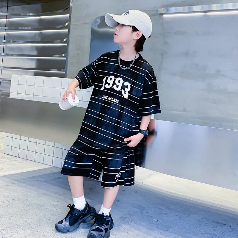 男童短袖套装夏季2025新款大儿童夏装条纹衣服男孩运动宽松薄款潮