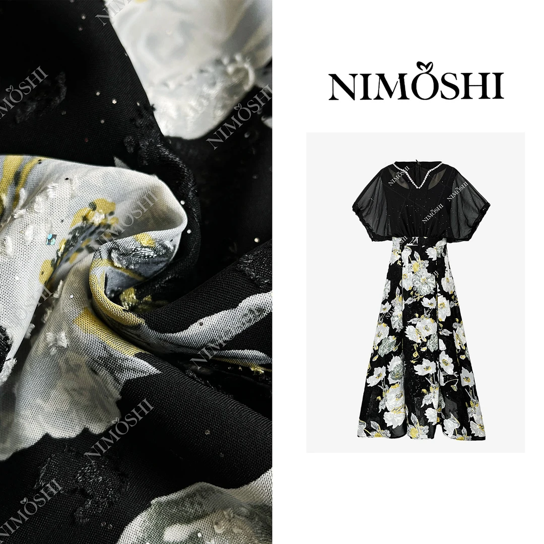 Dan总 夏季新款网纱星点印花大摆裙高腰气质显瘦连衣裙Q2221