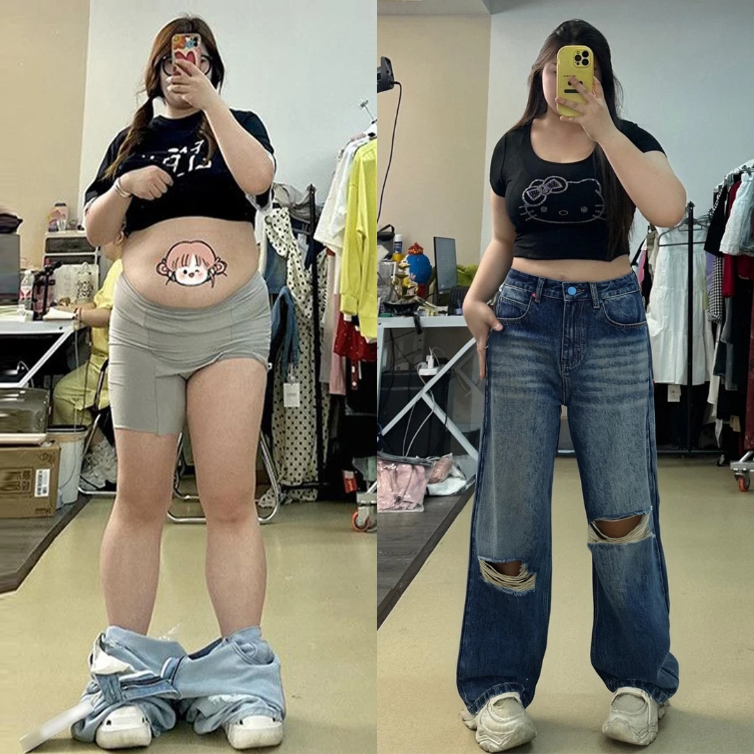 大码女装胖mm美式复古高街破洞牛仔裤女新款裤子显瘦学生阔腿长裤