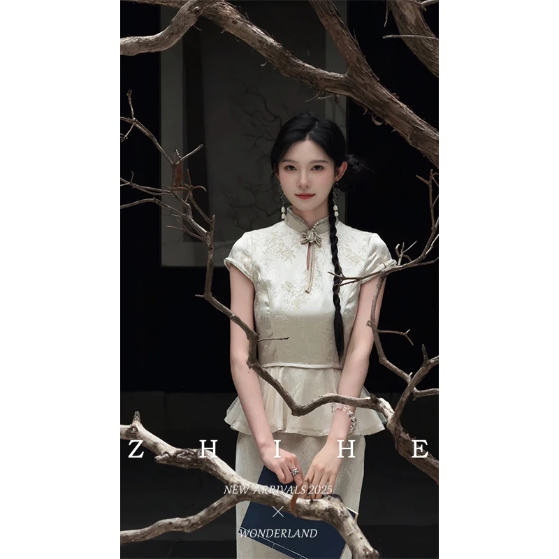 无艳一禾【梨花颂】新中式原创重工人丝亚麻提花收腰上衣+鱼尾裙