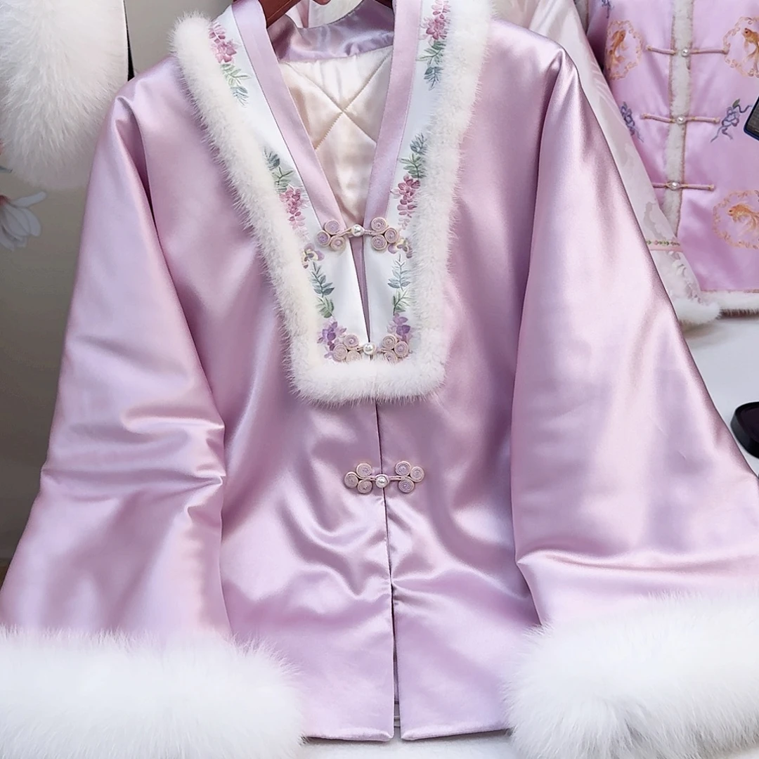 织绣真丝紫色v领棉服