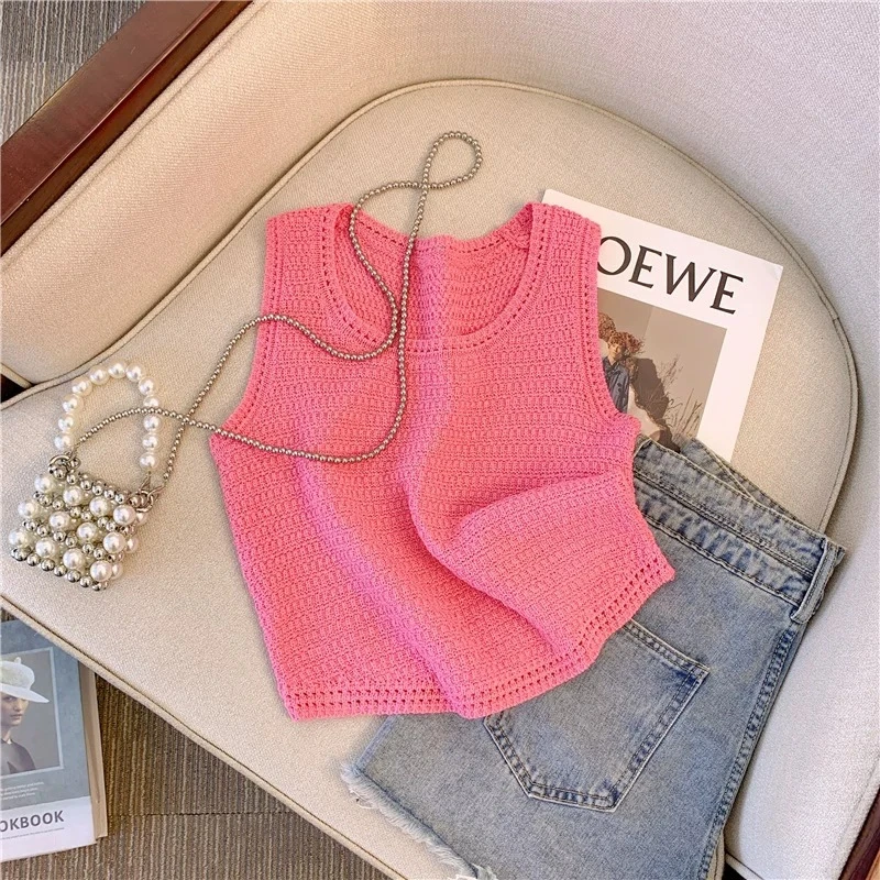 玫粉色短款上衣夏季针织吊带打底背心女2025新款网红辣妹冰丝上衣