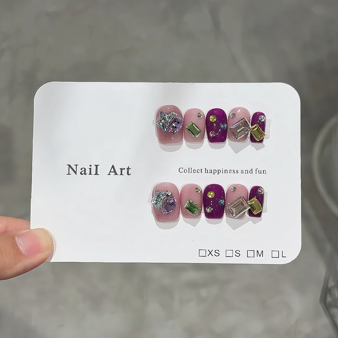 纯手工【紫色宝石】高级彩钻奢华跳色短款超显白水晶少女满钻穿戴甲