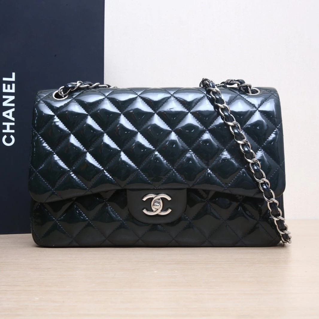 95新 Chanel/香奈儿 小花6花 -388 CF 口盖包 JUMBO漆皮19开银扣