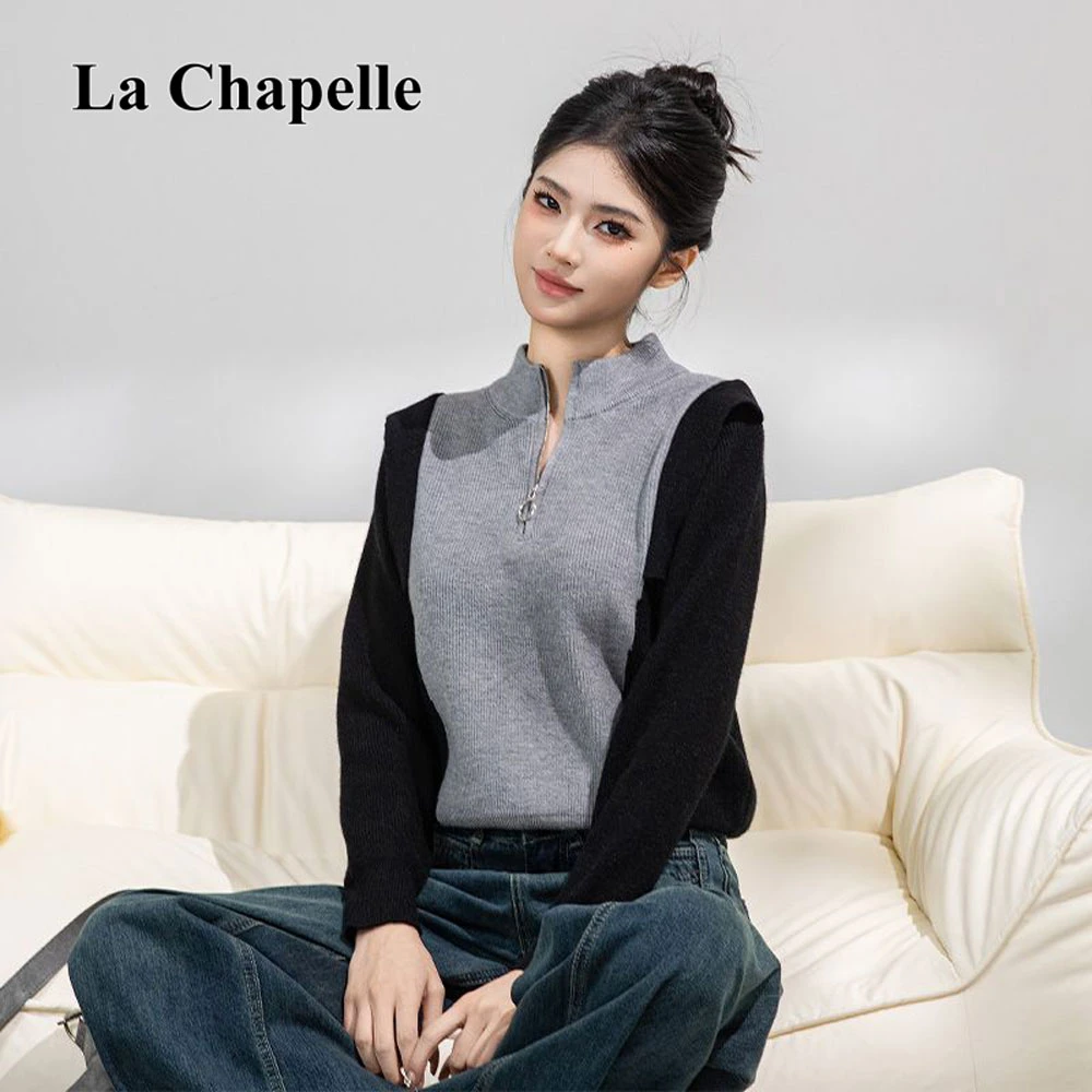 拉夏贝尔时尚宽松气质拼接撞色毛针织女2025秋冬款设计感洋气上衣